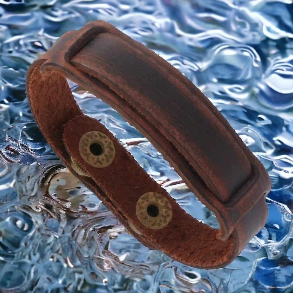 Brass snap closure vintage brown leather bracelet, 8.85" 22.5cm